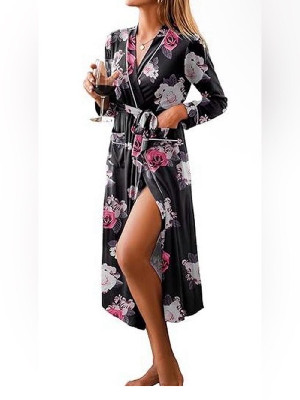 Ekouaer Floral Long Robe NWT Black Pink Rose Print Tie Waist Lounge Robe Small